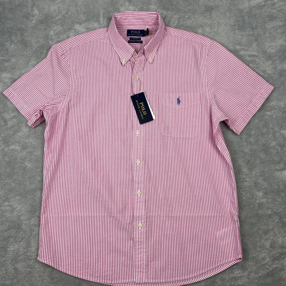 Polo Ralph Lauren Shirt Men Medium Seersucker RL Untucked Pink Striped Cotton